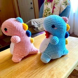 Handmade crochet pink and blue dinosaur